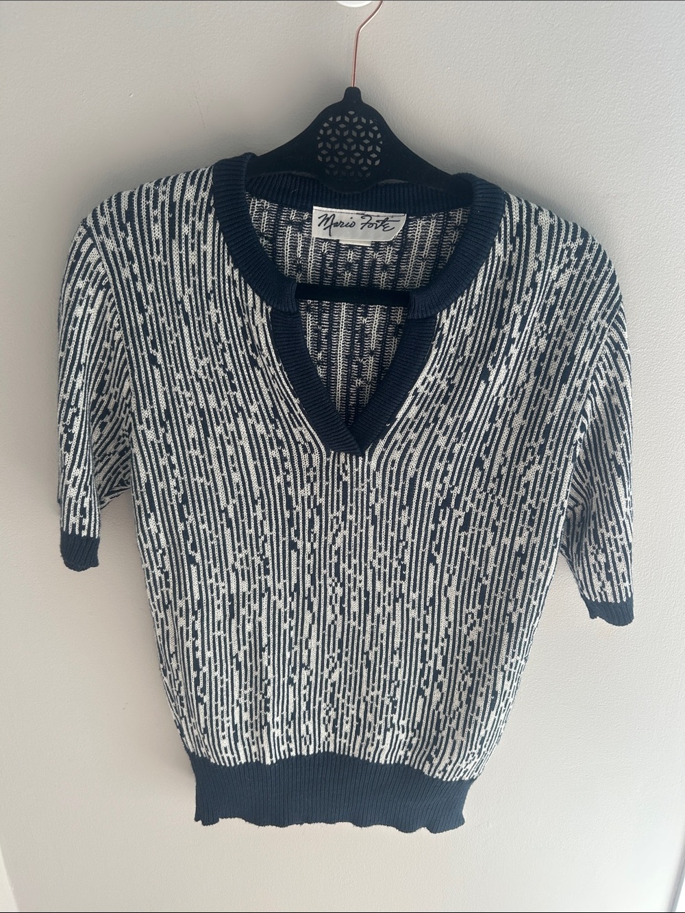 Vintage Navy and White Patterned Knit Top
